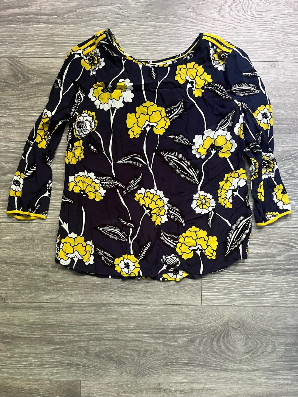 Boden Navy Yellow 3/4 Sleeve Floral Viscose Blouse Career Work Professional 8